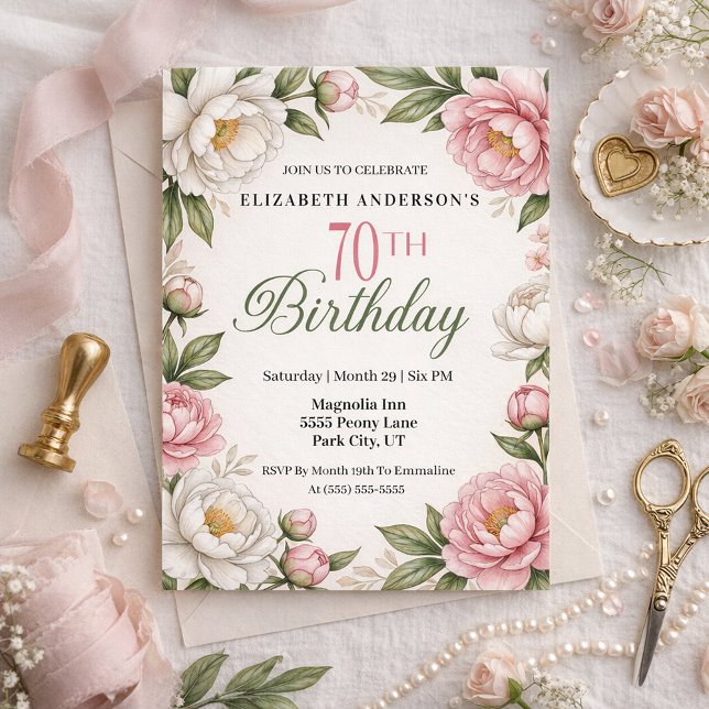 Invitación Soft Pink Magnolia and Peony 70th Birthday  (Subido por el creador)