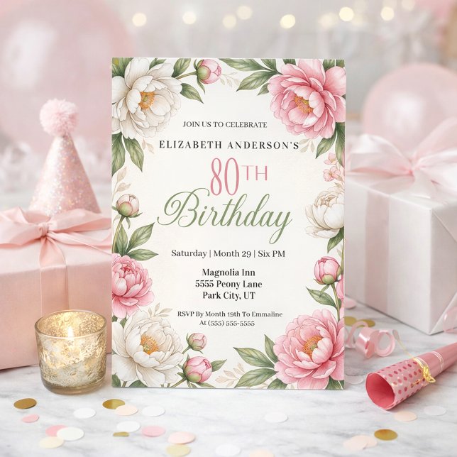 Invitación Soft Pink Magnolia and Peony 80th Birthday  (Elegant floral 80th birthday invitation with soft pink peonies white magnolia flowers )