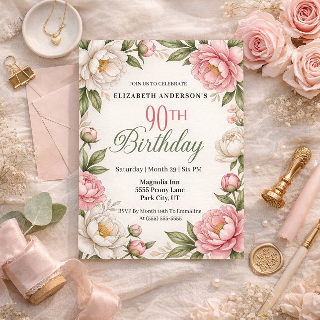 Invitación Soft Pink Magnolia and Peony 90th Birthday  (Elegant pink peony and white magnolia floral 90th birthday invitation with soft botanical greenery )