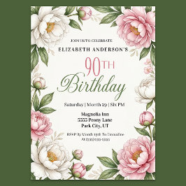 Invitación Soft Pink Magnolia and Peony 90th Birthday 