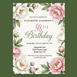 Invitación Soft Pink Magnolia and Peony 98th Birthday 