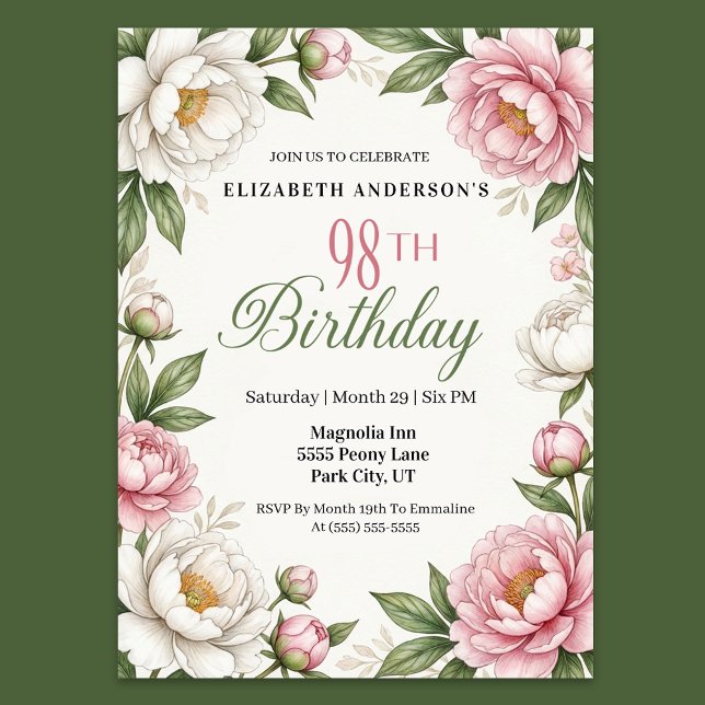 Invitación Soft Pink Magnolia and Peony 98th Birthday  (Elegant pink peony and white magnolia floral 98th birthday party invitation with botanical greenery )