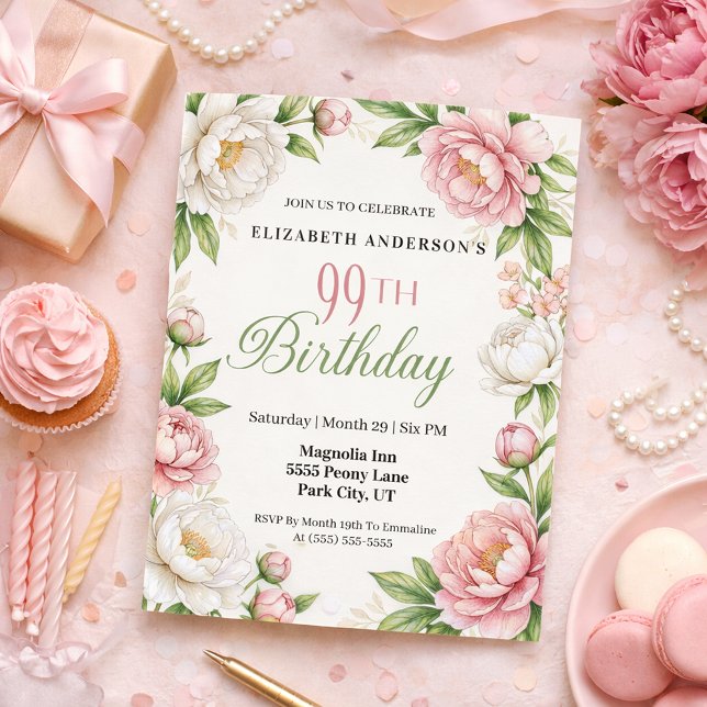 Invitación Soft Pink Magnolia and Peony 99th Birthday  (Elegant pink peony and white magnolia floral 99th birthday invitation with botanical greenery )