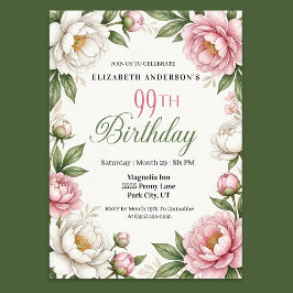 Invitación Soft Pink Magnolia and Peony 99th Birthday 