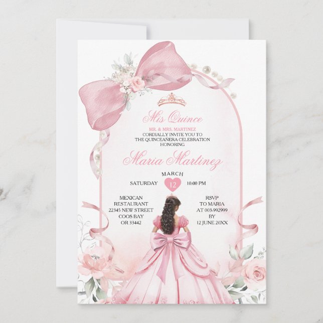 Invitación Soft Pink Princess Dress Floral Pearl Mis Quince (Anverso)