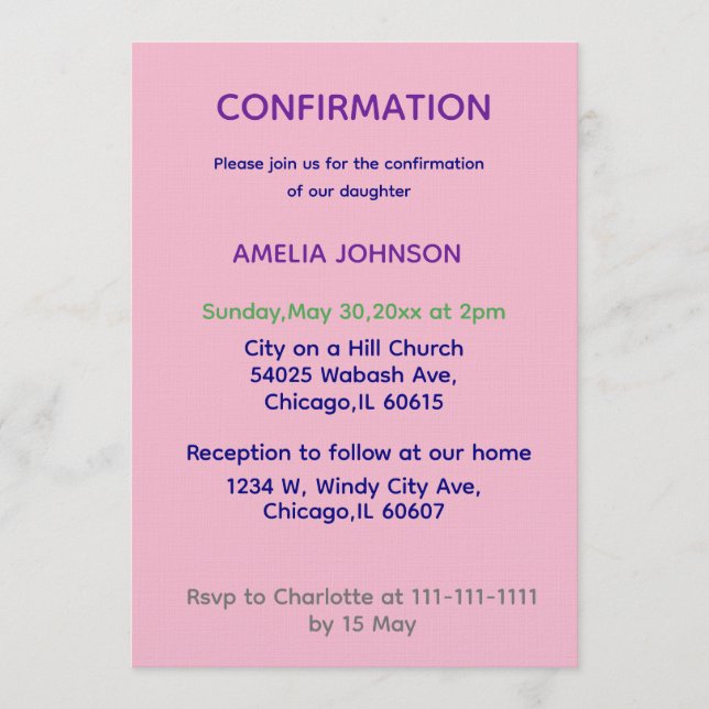 Invitación Soft Pink & Purple Confirmation Invitation (Anverso)