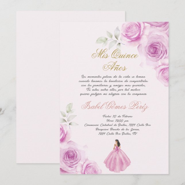 Invitación Soft pink Quinceanera Spanish (Anverso / Reverso)