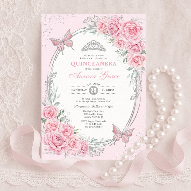 Invitación Soft Pink Silver Quinceañera Rose Flower Butterfly (Subido por el creador)