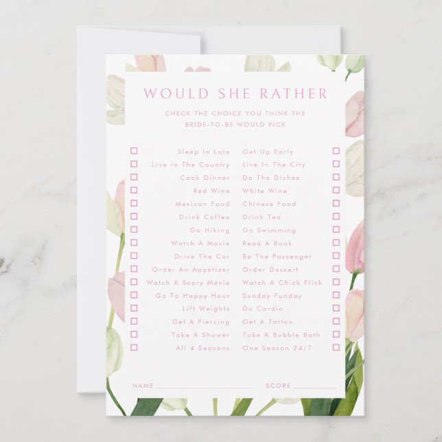 Invitación Soft Pink Tulip Bridal Would She Rather Game Card (Anverso)