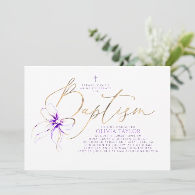 Invitación Soft Purple Bow Elegant Minimalist Modern Baptism (Anverso de pie)