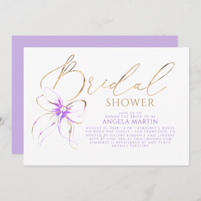 Invitación Soft Purple Bow Elegant Romantic Bridal Shower (Anverso / Reverso)