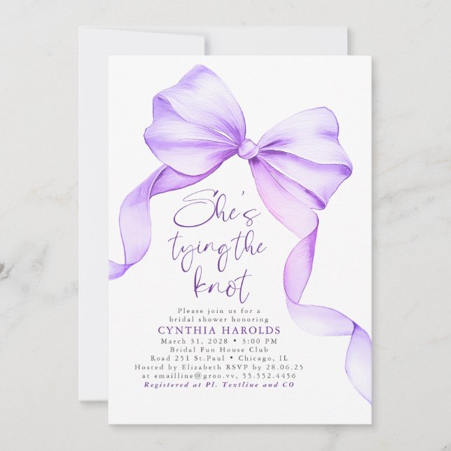 Invitación Soft Purple Bow She's Tying the Knot Bridal Shower (Anverso)