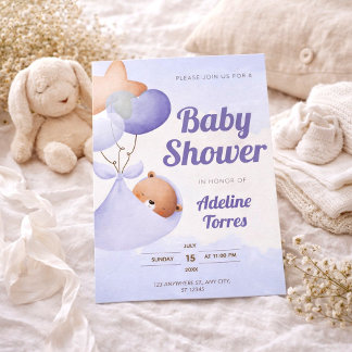 Invitación Soft Purple Watercolor Baby Shower with Teddy Bear