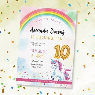 Invitación Soft Rainbow Arch Confetti Girl 10th Birthday