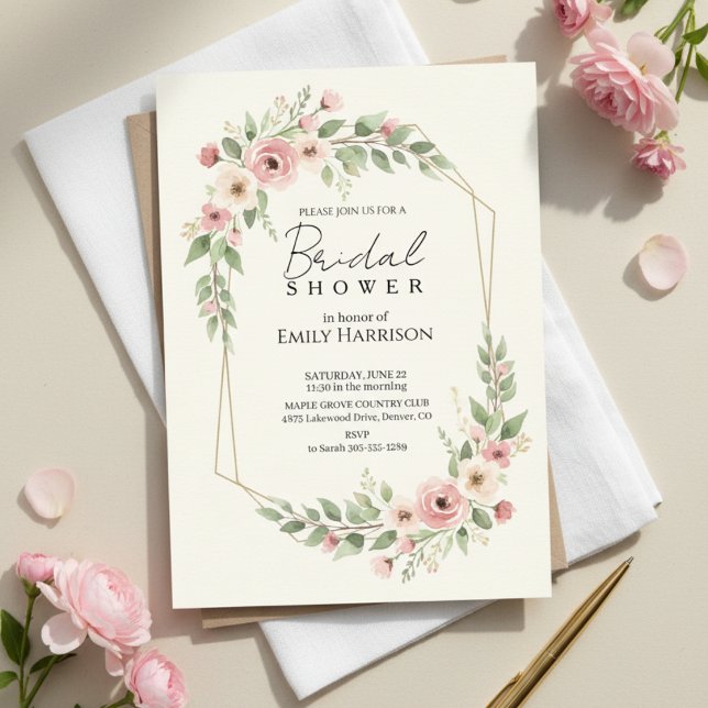 Invitación Soft Rose Bridal Shower Geometric Gold Wreath (rose geometric gold invitation)