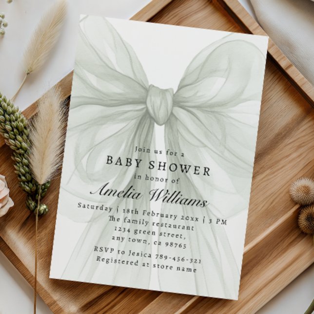Invitación Soft Sage Bow Elegant Neutral Baby Shower (Subido por el creador)