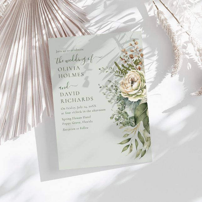 Invitación Soft Sage Green Botanical Minimal Wedding (Soft Sage Green Botanical Minimal Wedding Invitation on a sunny table with boho dry botanicals)