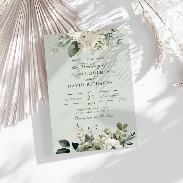 Invitación Soft Sage Green Floral Classic Wedding Invitation (Soft Sage Green Floral Classic Wedding Invitation on a sunny table with white dry botanicals)
