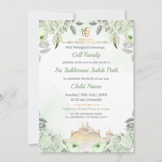 Invitación Soft Sage Green Floral Sukhmani Sahib Path Invite (Anverso)