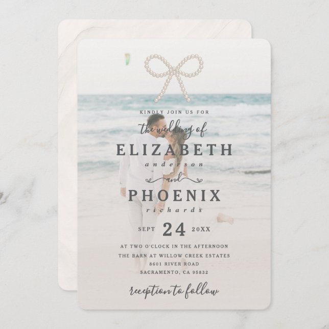 Invitación Soft Simple Pearl Bow Custom Photo Elegant Wedding (Anverso / Reverso)