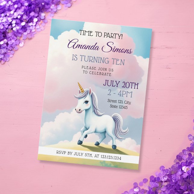 Invitación Soft Sky Unicorn Whimsical Girl 10th Birthday (Subido por el creador)
