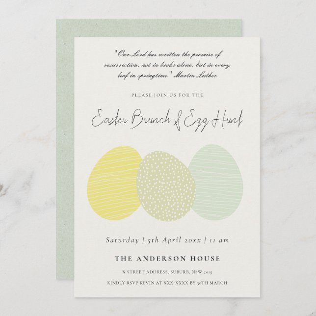 INVITACIÓN SOFT SUTTLE PASTEL EASTER HUEVOS BRUNCH & EGG HUNT (Anverso / Reverso)