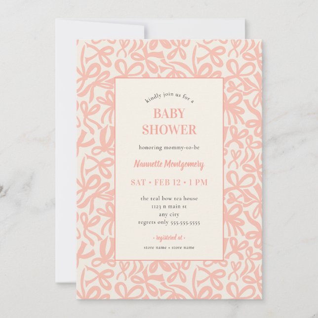 Invitación Soft Terracotta Pink Ribbons and Bows Baby Shower (Anverso)