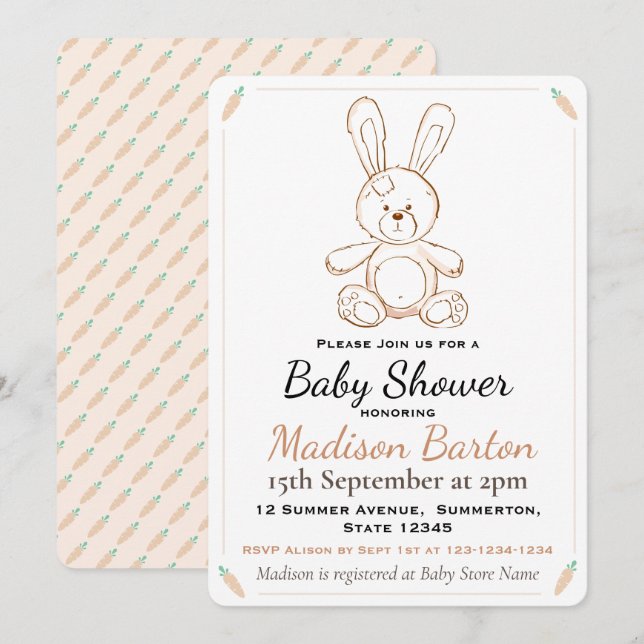 Invitación Soft Toy Bunny & Carrot Baby Shower (Anverso / Reverso)