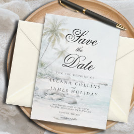 Invitación Soft Tropical Palm Watercolor Beach Save the Date