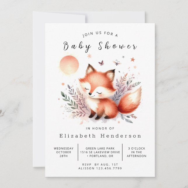 Invitación Soft Watercolor Animal Fox Baby Shower (Anverso)