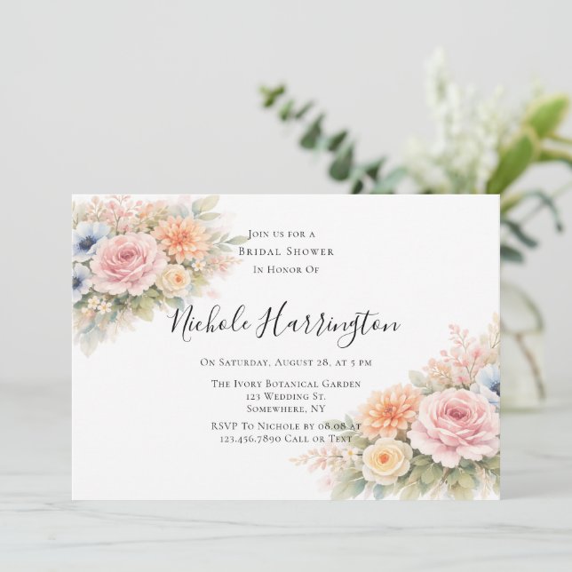 Invitación Soft Watercolor Floral Bridal Shower (Anverso de pie)