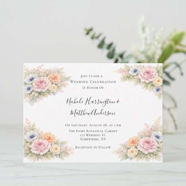 Invitación Soft Watercolor Floral Wedding Celebration (Anverso de pie)