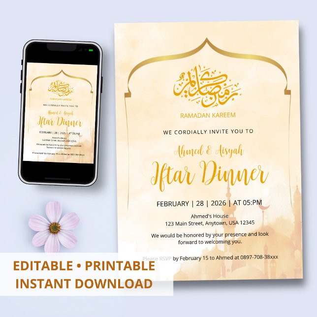 Invitación Soft Watercolor Gold Arch Islamic Iftar Invitation (Subido por el creador)