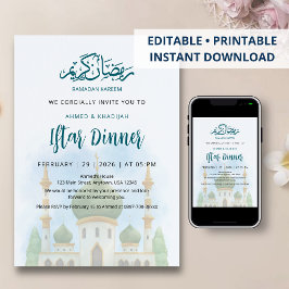 Invitación Soft Watercolor Green Dome Mosque Iftar Invitation