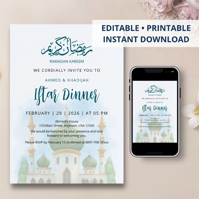 Invitación Soft Watercolor Green Dome Mosque Iftar Invitation (Subido por el creador)