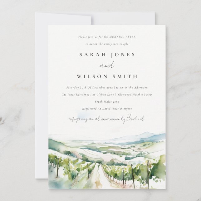 Invitación Soft Watercolor Vineyard Landscape Morning After (Anverso)