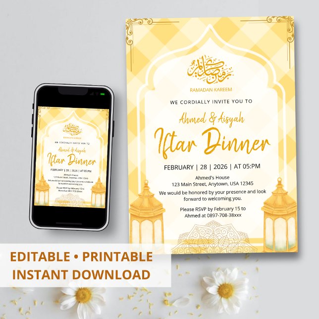 Invitación Soft Yellow Plaid Iftar Invitation Watercolor (Subido por el creador)