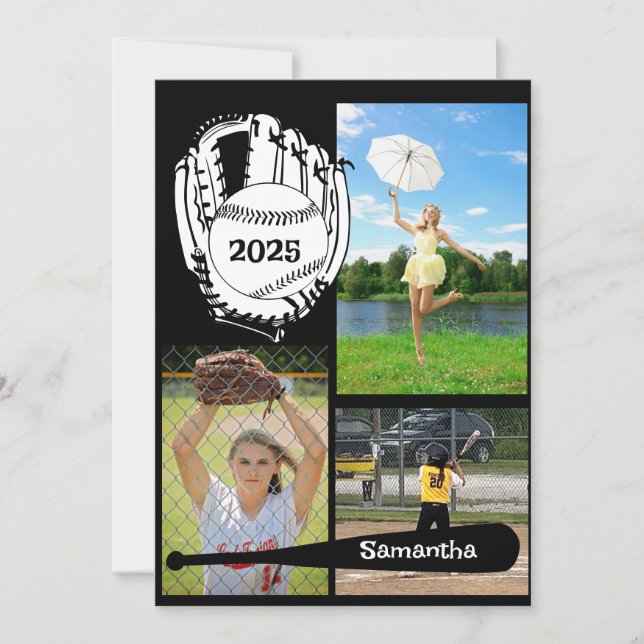 Invitación Softball/ Béisbol 3 Foto Graduación en negro (Anverso)