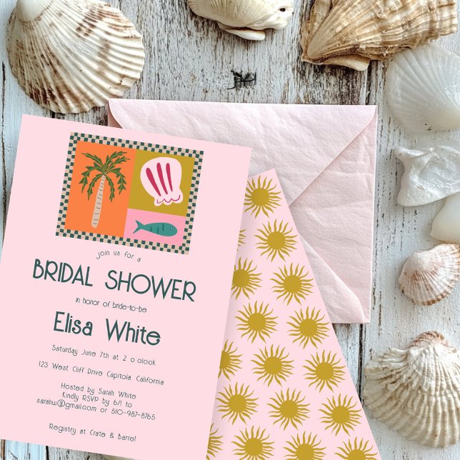 Invitación Soiree Bridal Shower Moderna PERSONALIZADO Cute (Seaside Soiree Bridal Shower Modern Cute CUSTOM Pink Sun Invitation
)