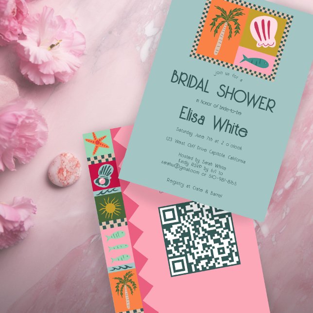 Invitación Soiree Bridal Shower Moderna PERSONALIZADO Cute QR (Seaside Soiree Bridal Shower Modern Cute CUSTOM QR Code Hand Drawn Invitation
)