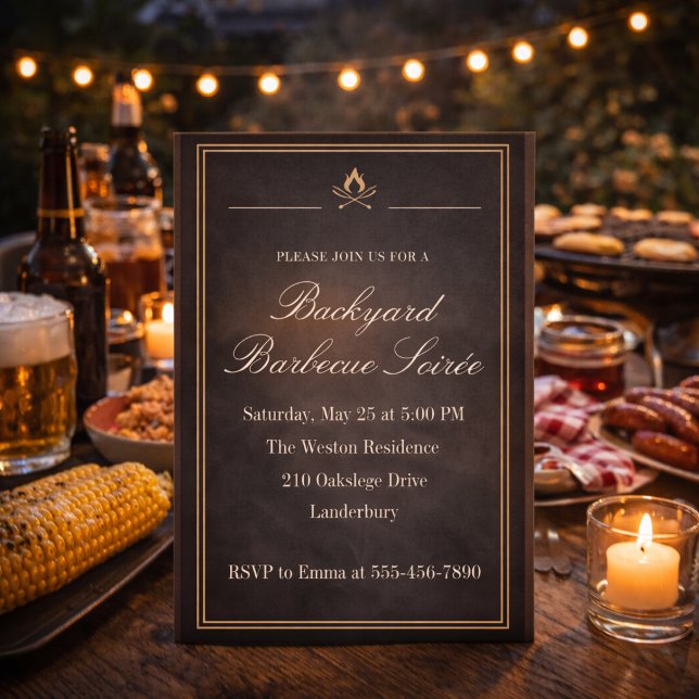 Invitación Soirée de BBQ en el patio trasero (Charcoal backyard BBQ soirée with firelight detail for a refined evening cookout)