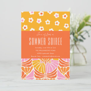 Invitación Soireé de verano naranja floral retro colorido