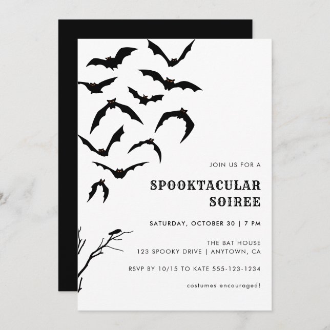 Invitación Soiree Spooktacular de Black & White Bats Hallowee (Anverso / Reverso)