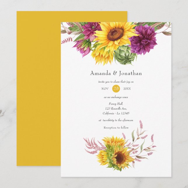 Invitación Sol bohemio y Boda floral de ciruela borgoñona (Anverso / Reverso)
