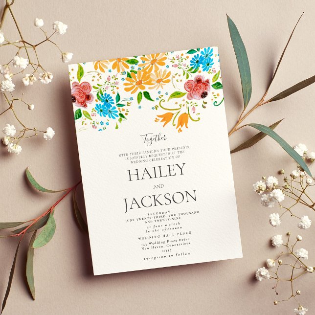 Invitación Sol botánico naranja menta azul rosa boda floral (Botanic sun orange pink blue mint floral wedding Invitation)