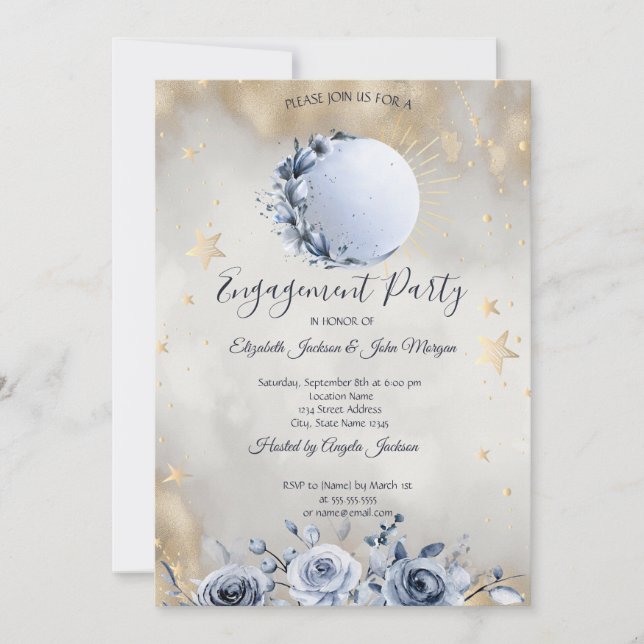Invitación Sol celeste, estrellas de Rosas de la luna azul (Anverso)