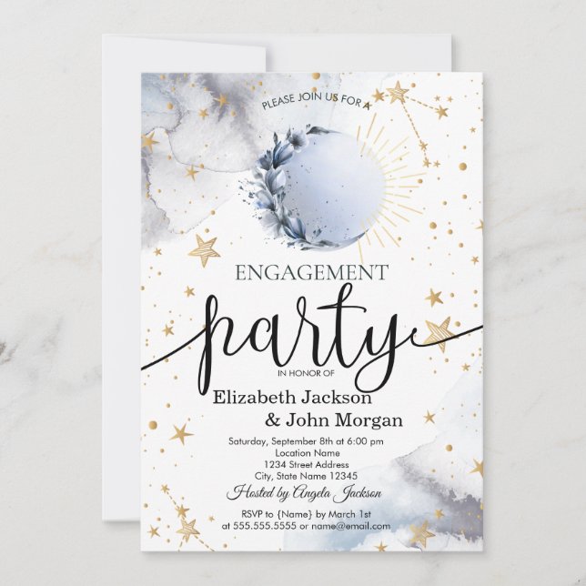 Invitación Sol celeste, luna azul, compromiso de estrellas (Anverso)