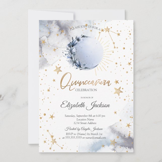 Invitación Sol celeste, luna azul, flores estares Quinceanera (Anverso)