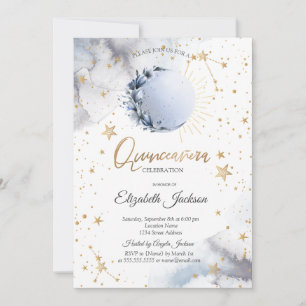 Invitación Sol celeste, luna azul, flores estares Quinceanera