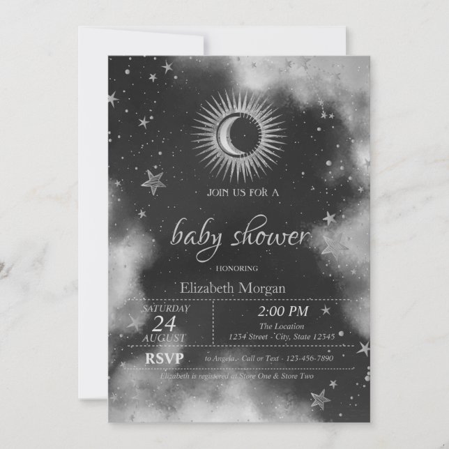 Invitación Sol celeste, luna, Baby Shower gris estáreo (Anverso)